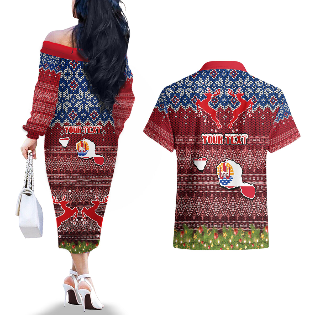 Personalised French Polynesia Christmas Couples Matching Off The Shoulder Long Sleeve Dress and Hawaiian Shirt Coat of Arms and Map Beautiful Merry Xmas Snowflake LT03 - Polynesian Pride