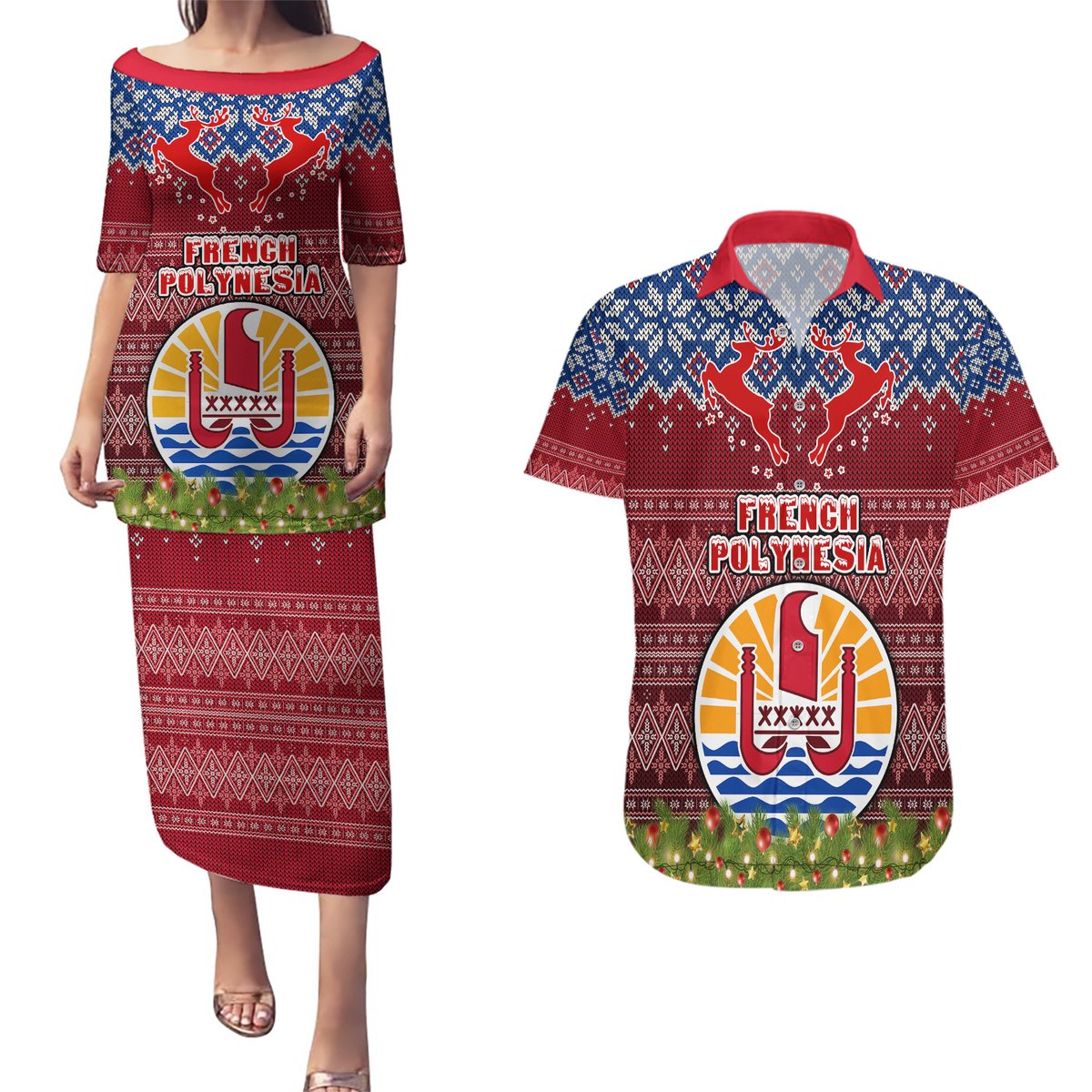 Personalised French Polynesia Christmas Couples Matching Puletasi Dress and Hawaiian Shirt Coat of Arms and Map Beautiful Merry Xmas Snowflake LT03 Red - Polynesian Pride