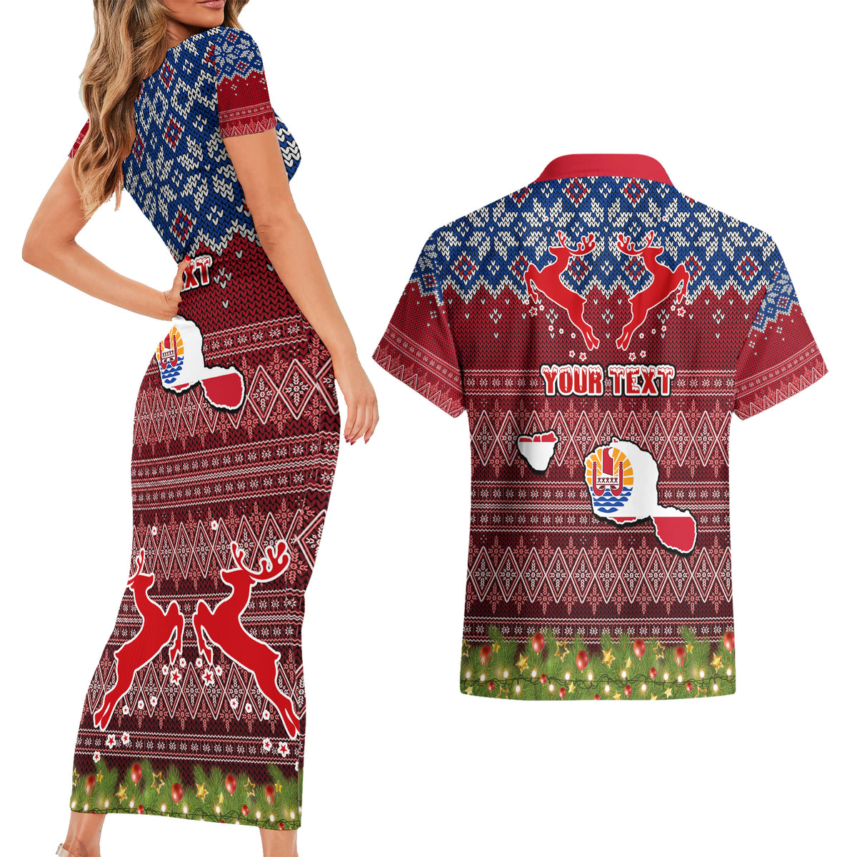 Personalised French Polynesia Christmas Couples Matching Short Sleeve Bodycon Dress and Hawaiian Shirt Coat of Arms and Map Beautiful Merry Xmas Snowflake LT03 - Polynesian Pride