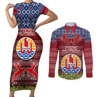 Personalised French Polynesia Christmas Couples Matching Short Sleeve Bodycon Dress and Long Sleeve Button Shirts Coat of Arms and Map Beautiful Merry Xmas Snowflake LT03 Red - Polynesian Pride
