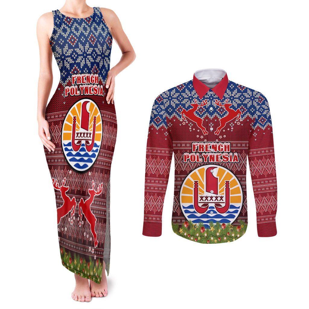 Personalised French Polynesia Christmas Couples Matching Tank Maxi Dress and Long Sleeve Button Shirts Coat of Arms and Map Beautiful Merry Xmas Snowflake LT03 Red - Polynesian Pride