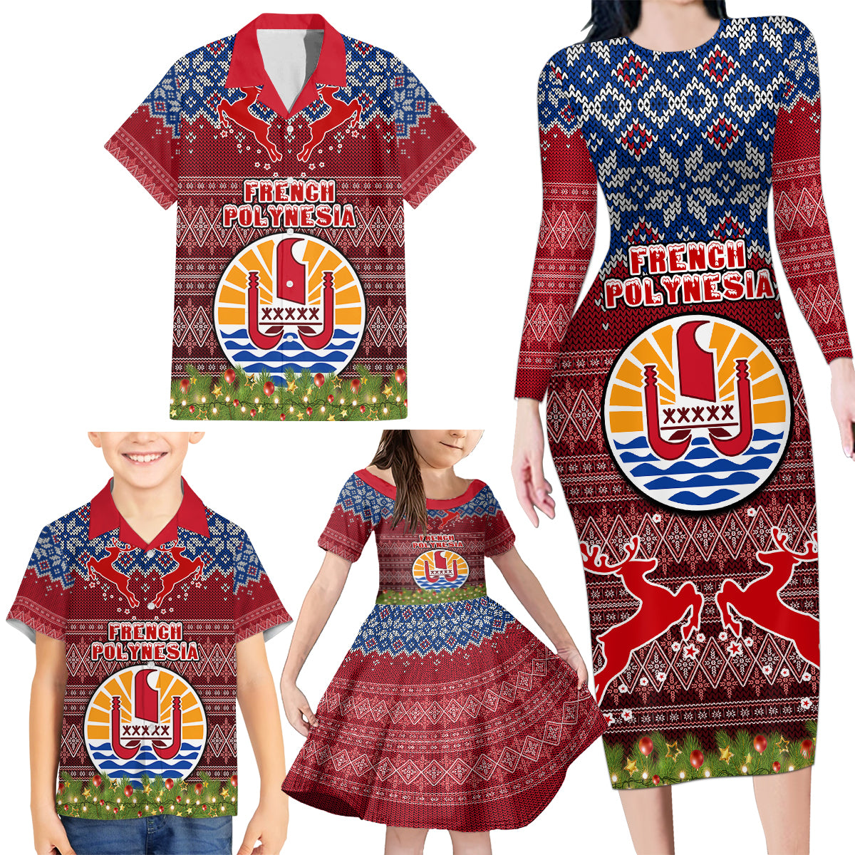 Personalised French Polynesia Christmas Family Matching Long Sleeve Bodycon Dress and Hawaiian Shirt Coat of Arms and Map Beautiful Merry Xmas Snowflake LT03 - Polynesian Pride