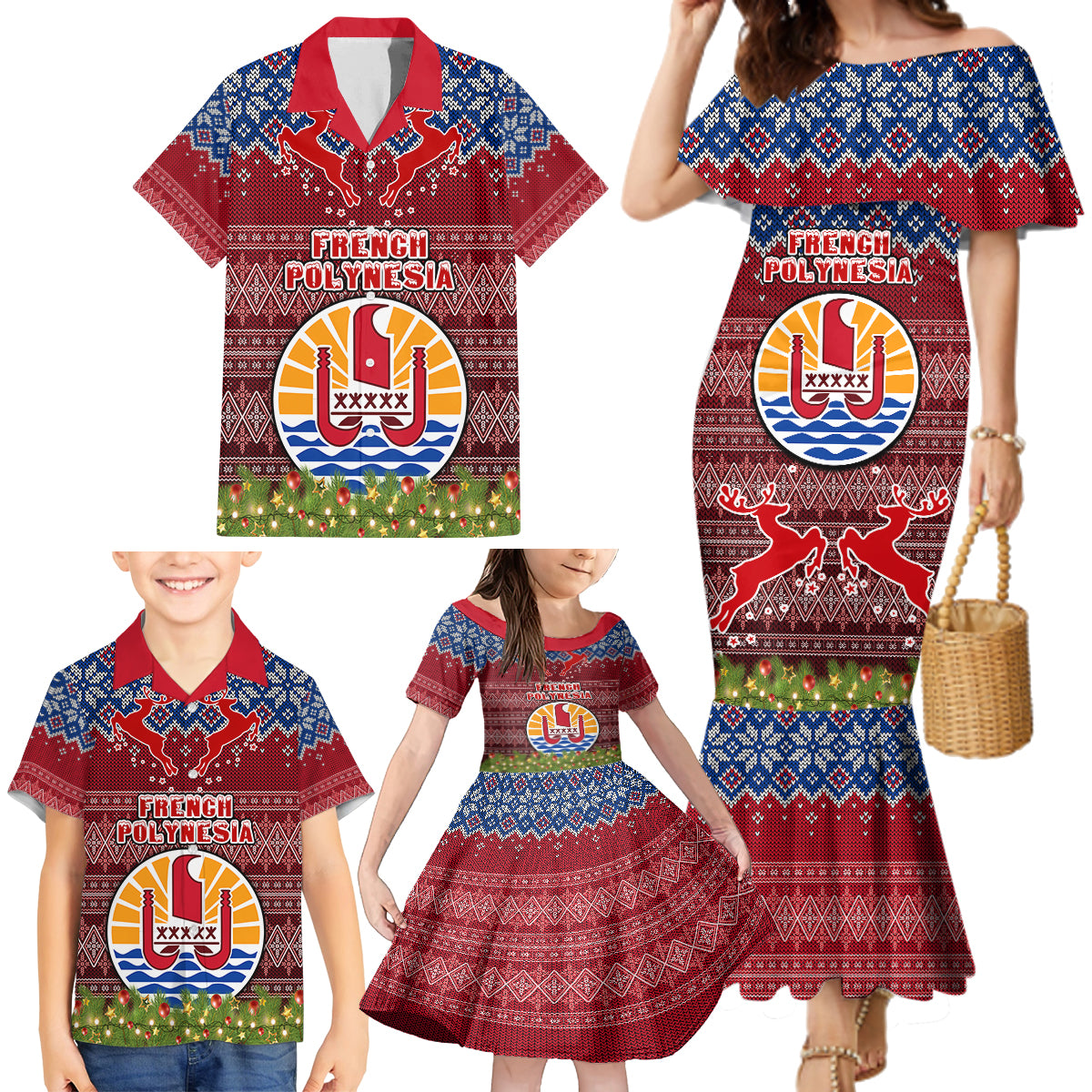 Personalised French Polynesia Christmas Family Matching Mermaid Dress and Hawaiian Shirt Coat of Arms and Map Beautiful Merry Xmas Snowflake LT03 - Polynesian Pride