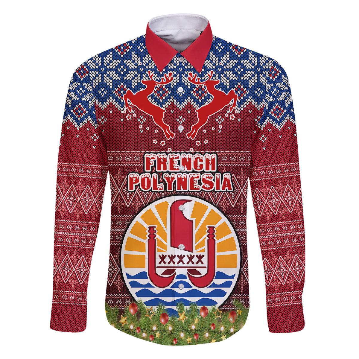 Personalised French Polynesia Christmas Family Matching Mermaid Dress and Hawaiian Shirt Coat of Arms and Map Beautiful Merry Xmas Snowflake LT03 Dad's Shirt - Long Sleeve Red - Polynesian Pride