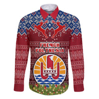Personalised French Polynesia Christmas Family Matching Mermaid Dress and Hawaiian Shirt Coat of Arms and Map Beautiful Merry Xmas Snowflake LT03 Dad's Shirt - Long Sleeve Red - Polynesian Pride