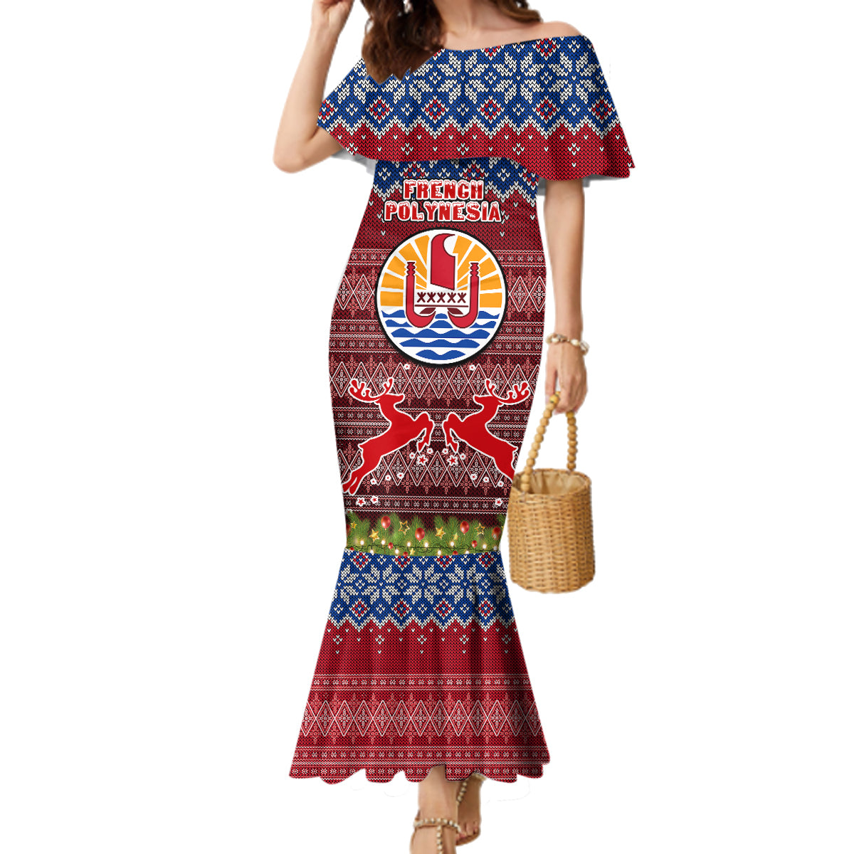Personalised French Polynesia Christmas Family Matching Mermaid Dress and Hawaiian Shirt Coat of Arms and Map Beautiful Merry Xmas Snowflake LT03 Mom's Dress Red - Polynesian Pride