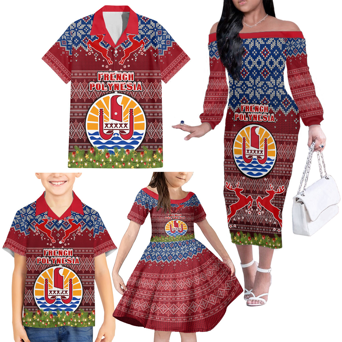 Personalised French Polynesia Christmas Family Matching Off Shoulder Long Sleeve Dress and Hawaiian Shirt Coat of Arms and Map Beautiful Merry Xmas Snowflake LT03 - Polynesian Pride