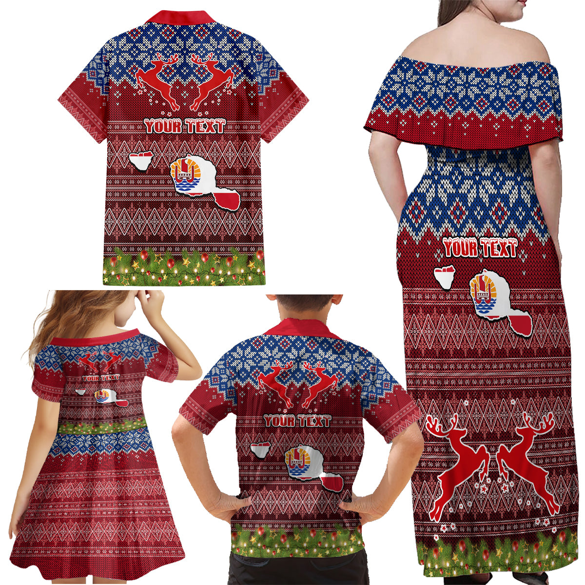 Personalised French Polynesia Christmas Family Matching Off Shoulder Long Sleeve Dress and Hawaiian Shirt Coat of Arms and Map Beautiful Merry Xmas Snowflake LT03 - Polynesian Pride