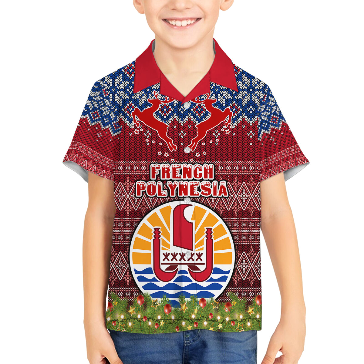 Personalised French Polynesia Christmas Family Matching Off Shoulder Maxi Dress and Hawaiian Shirt Coat of Arms and Map Beautiful Merry Xmas Snowflake LT03 Son's Shirt Red - Polynesian Pride