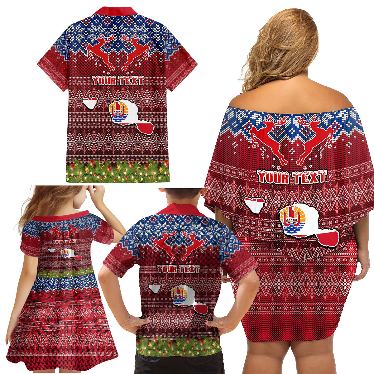 Personalised French Polynesia Christmas Family Matching Off Shoulder Short Dress and Hawaiian Shirt Coat of Arms and Map Beautiful Merry Xmas Snowflake LT03 - Polynesian Pride