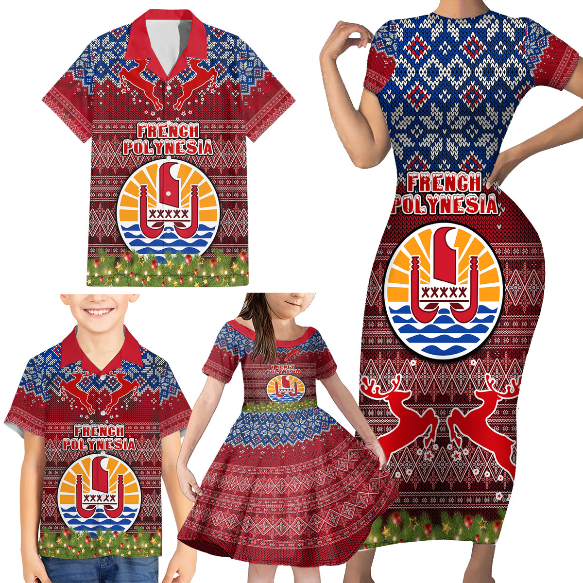 Personalised French Polynesia Christmas Family Matching Short Sleeve Bodycon Dress and Hawaiian Shirt Coat of Arms and Map Beautiful Merry Xmas Snowflake LT03 - Polynesian Pride