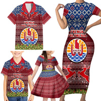 Personalised French Polynesia Christmas Family Matching Short Sleeve Bodycon Dress and Hawaiian Shirt Coat of Arms and Map Beautiful Merry Xmas Snowflake LT03 - Polynesian Pride
