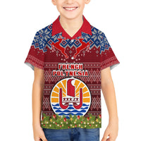 Personalised French Polynesia Christmas Family Matching Short Sleeve Bodycon Dress and Hawaiian Shirt Coat of Arms and Map Beautiful Merry Xmas Snowflake LT03 Son's Shirt Red - Polynesian Pride