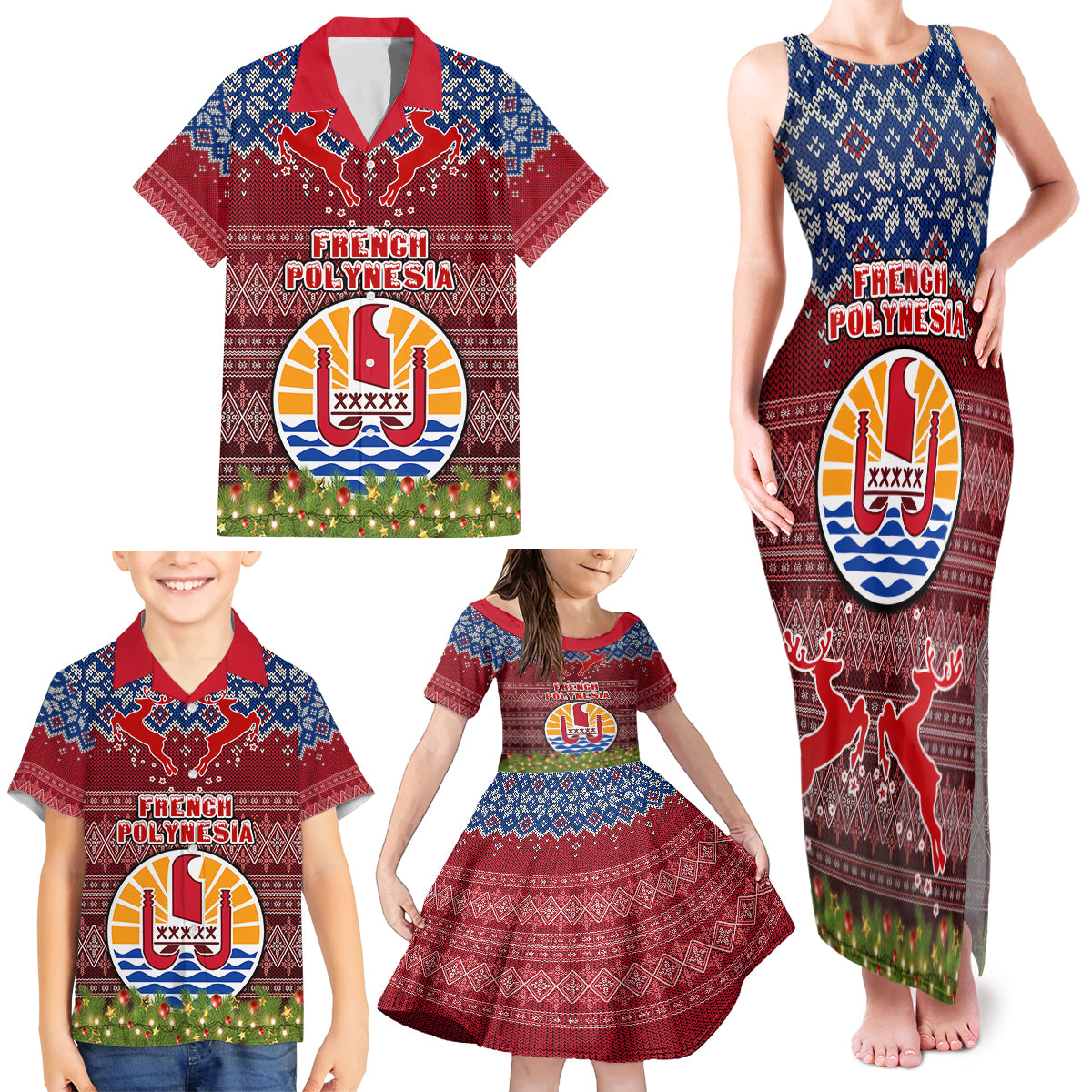 Personalised French Polynesia Christmas Family Matching Tank Maxi Dress and Hawaiian Shirt Coat of Arms and Map Beautiful Merry Xmas Snowflake LT03 - Polynesian Pride