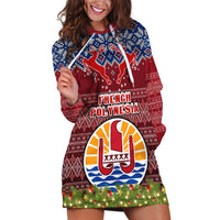 Personalised French Polynesia Christmas Hoodie Dress Coat of Arms and Map Beautiful Merry Xmas Snowflake LT03 Red - Polynesian Pride