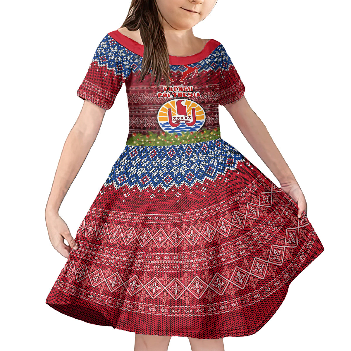 Personalised French Polynesia Christmas Kid Short Sleeve Dress Coat of Arms and Map Beautiful Merry Xmas Snowflake LT03 KID Red - Polynesian Pride