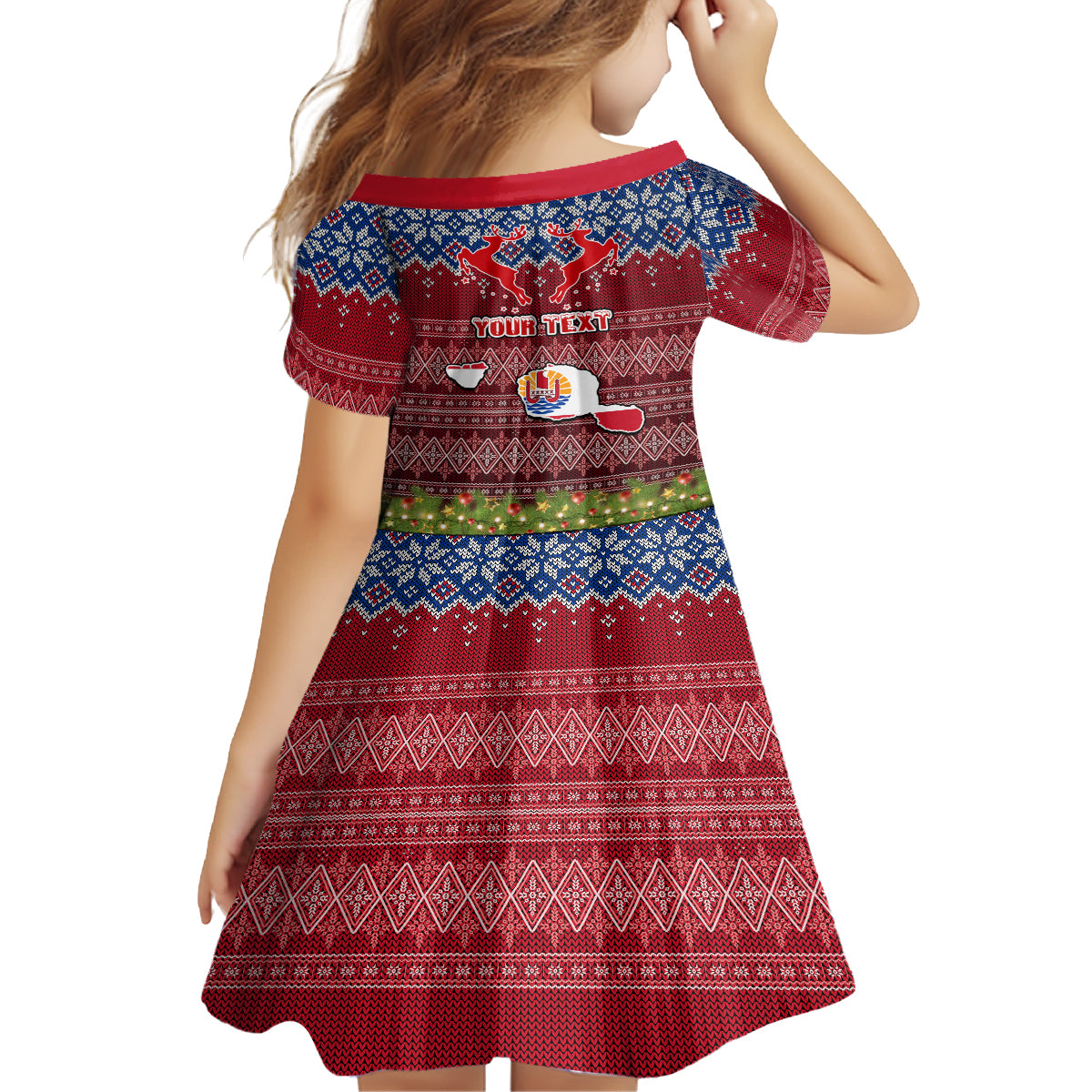 Personalised French Polynesia Christmas Kid Short Sleeve Dress Coat of Arms and Map Beautiful Merry Xmas Snowflake LT03 - Polynesian Pride