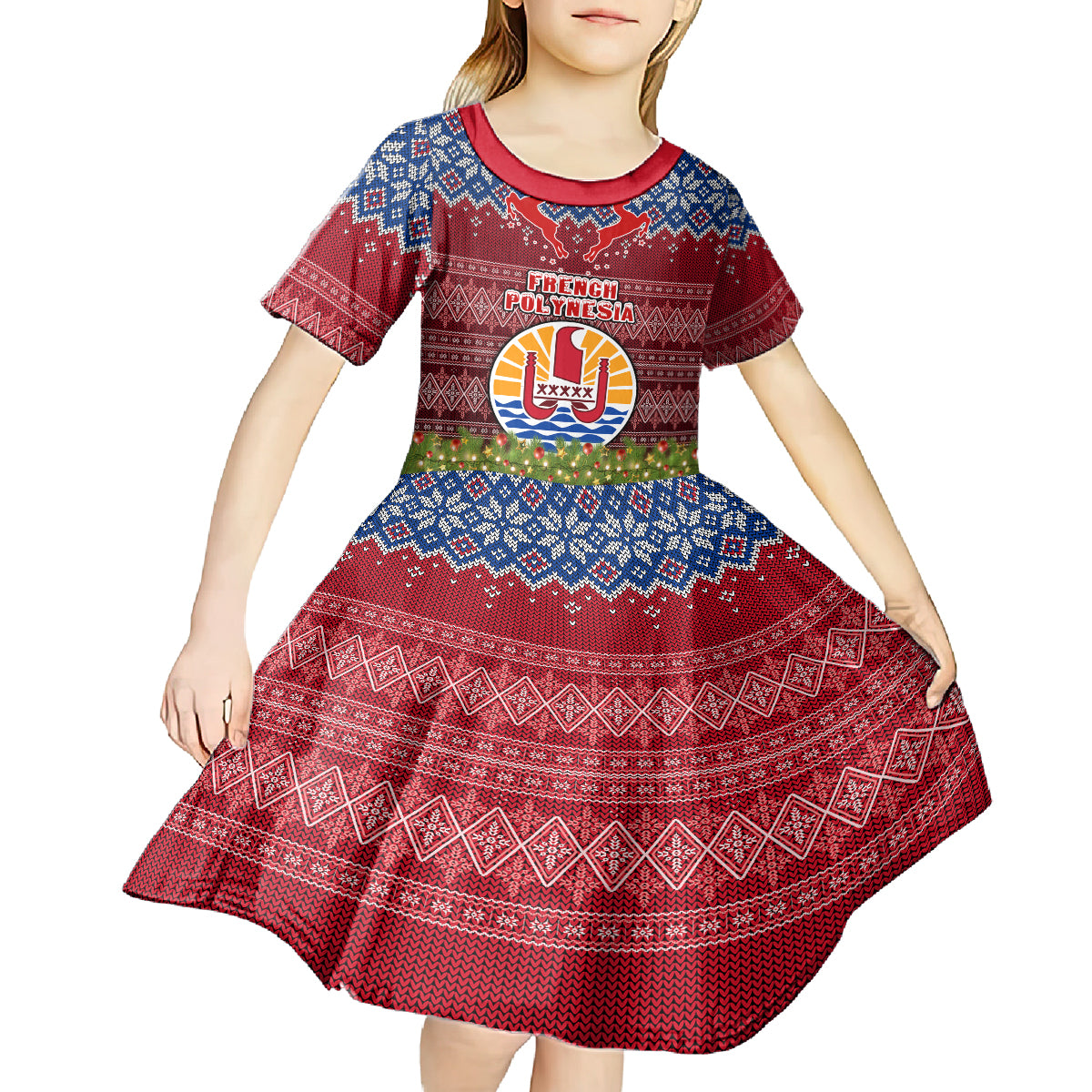 Personalised French Polynesia Christmas Kid Short Sleeve Dress Coat of Arms and Map Beautiful Merry Xmas Snowflake LT03 - Polynesian Pride