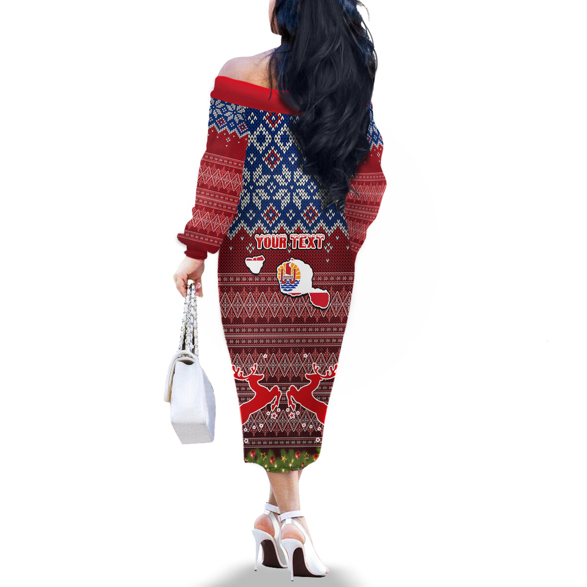 Personalised French Polynesia Christmas Off The Shoulder Long Sleeve Dress Coat of Arms and Map Beautiful Merry Xmas Snowflake LT03 - Polynesian Pride