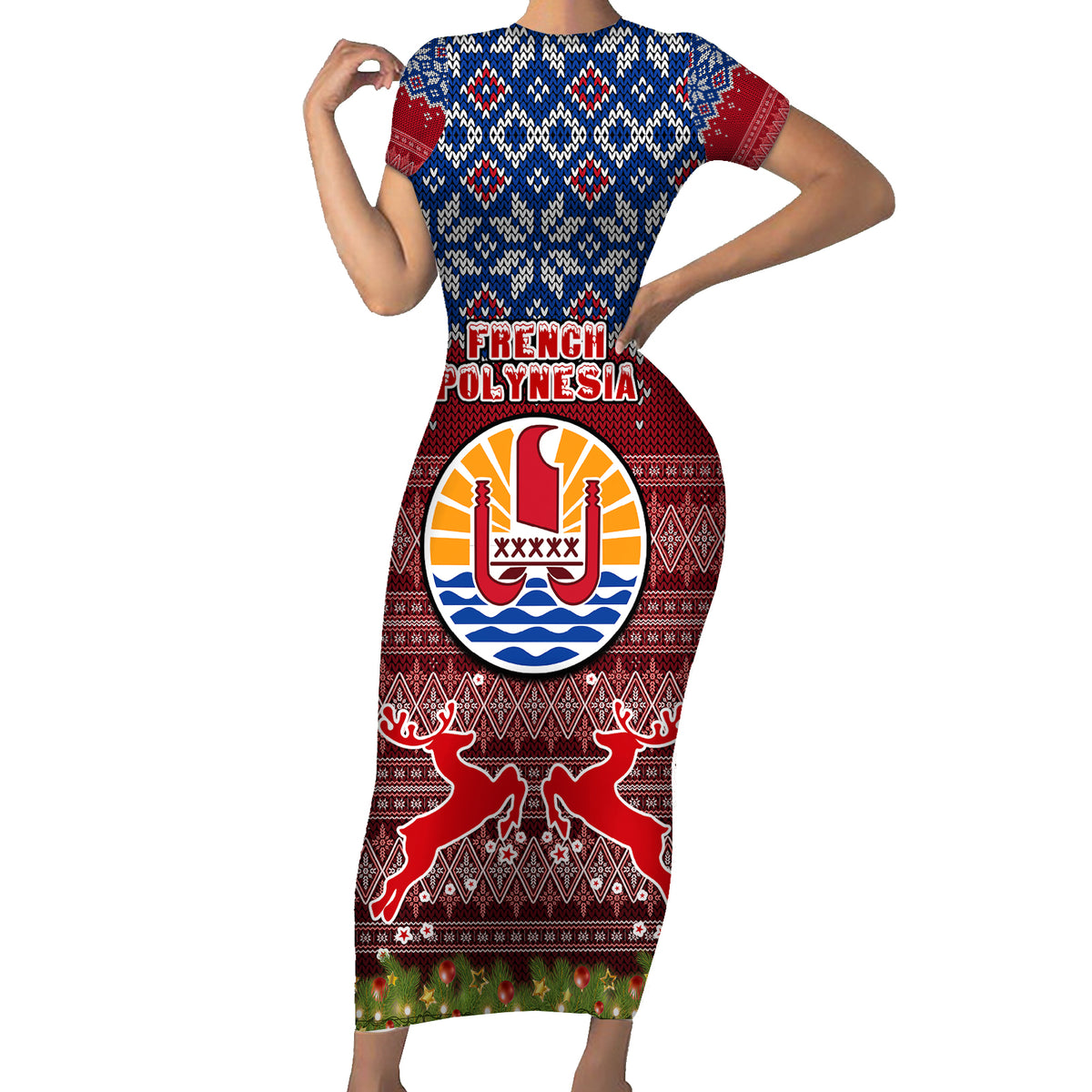 Personalised French Polynesia Christmas Short Sleeve Bodycon Dress Coat of Arms and Map Beautiful Merry Xmas Snowflake LT03 Long Dress Red - Polynesian Pride