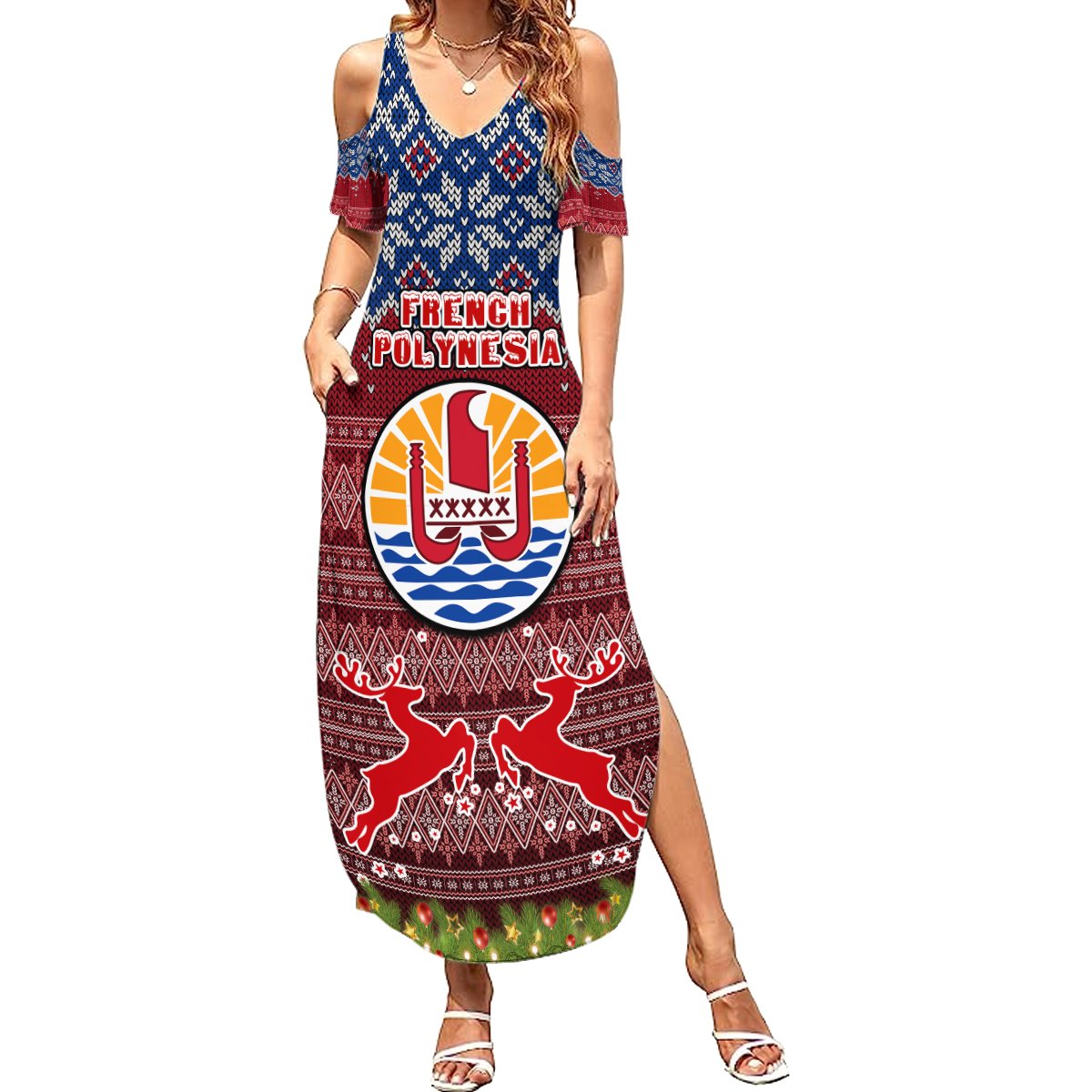 Personalised French Polynesia Christmas Summer Maxi Dress Coat of Arms and Map Beautiful Merry Xmas Snowflake LT03 Women Red - Polynesian Pride
