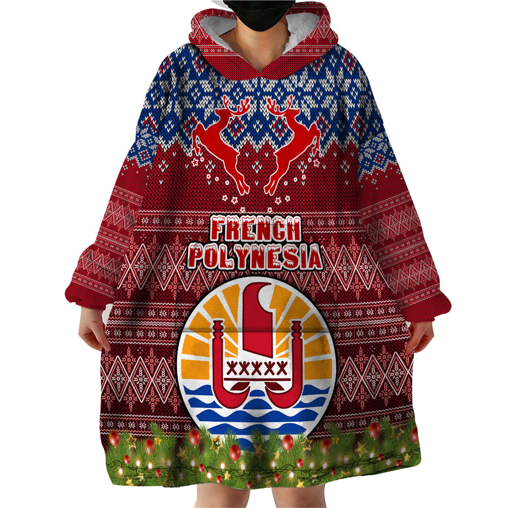 Personalised French Polynesia Christmas Wearable Blanket Hoodie Coat of Arms and Map Beautiful Merry Xmas Snowflake LT03 - Polynesian Pride