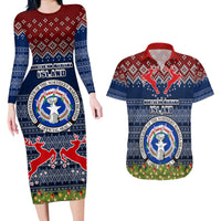 Personalised Northern Mariana Islands Christmas Couples Matching Long Sleeve Bodycon Dress and Hawaiian Shirt Coat of Arms and Map Beautiful Merry Xmas Snowflake LT03 Blue - Polynesian Pride
