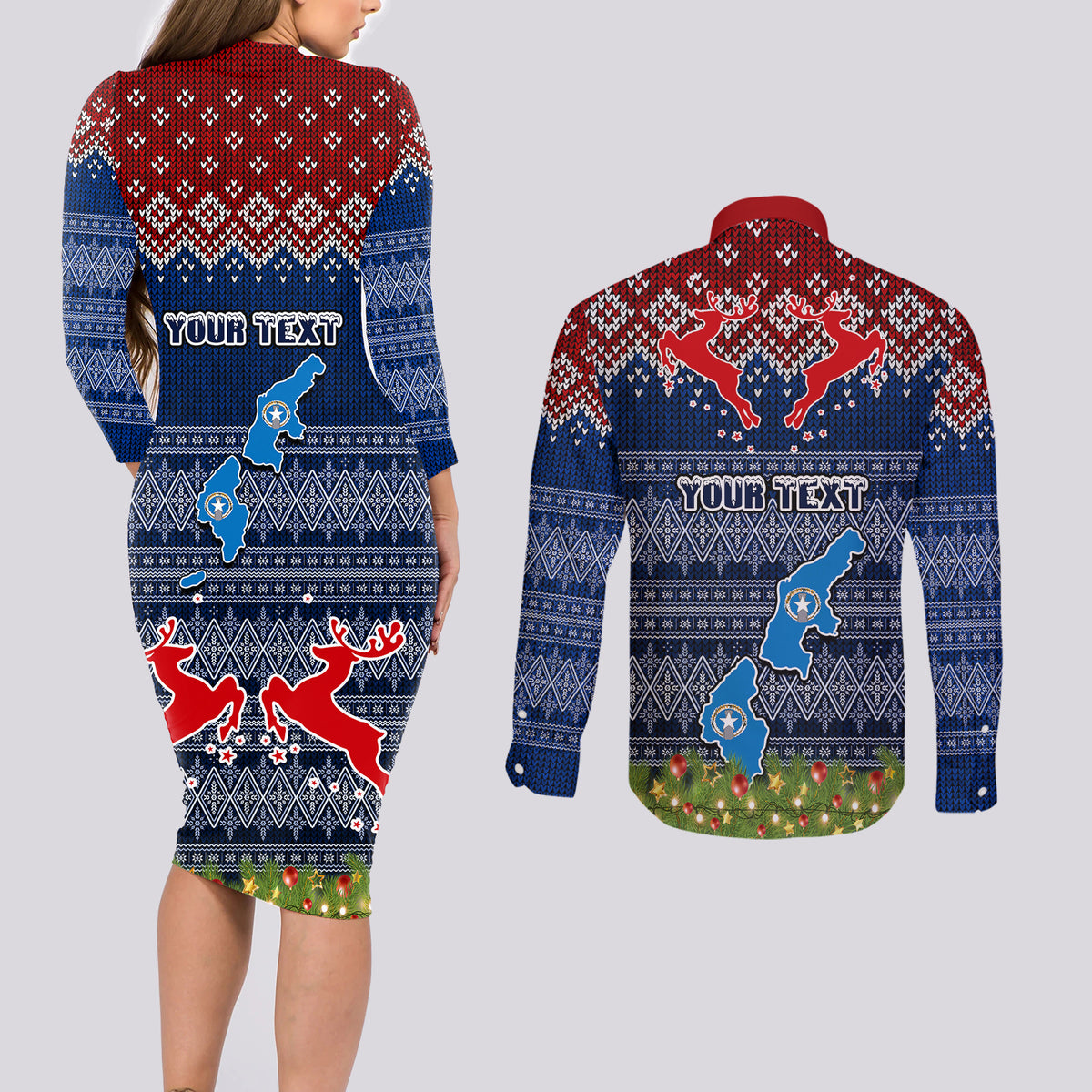 Personalised Northern Mariana Islands Christmas Couples Matching Long Sleeve Bodycon Dress and Long Sleeve Button Shirts Coat of Arms and Map Beautiful Merry Xmas Snowflake LT03 - Polynesian Pride