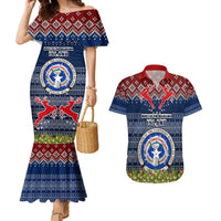 Personalised Northern Mariana Islands Christmas Couples Matching Mermaid Dress and Hawaiian Shirt Coat of Arms and Map Beautiful Merry Xmas Snowflake LT03 Blue - Polynesian Pride