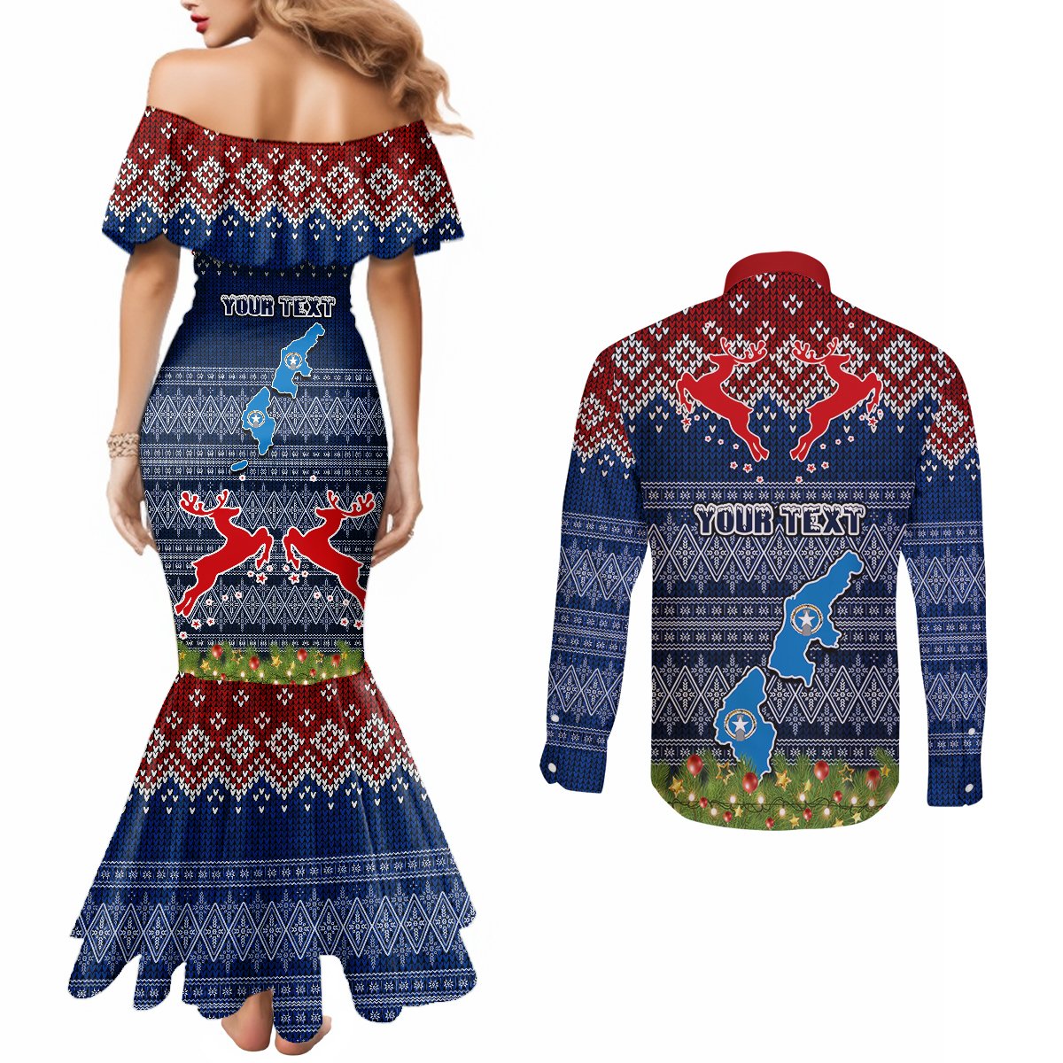 Personalised Northern Mariana Islands Christmas Couples Matching Mermaid Dress and Long Sleeve Button Shirts Coat of Arms and Map Beautiful Merry Xmas Snowflake LT03 - Polynesian Pride