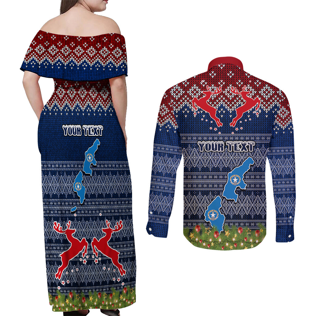 Personalised Northern Mariana Islands Christmas Couples Matching Off Shoulder Maxi Dress and Long Sleeve Button Shirts Coat of Arms and Map Beautiful Merry Xmas Snowflake LT03 - Polynesian Pride