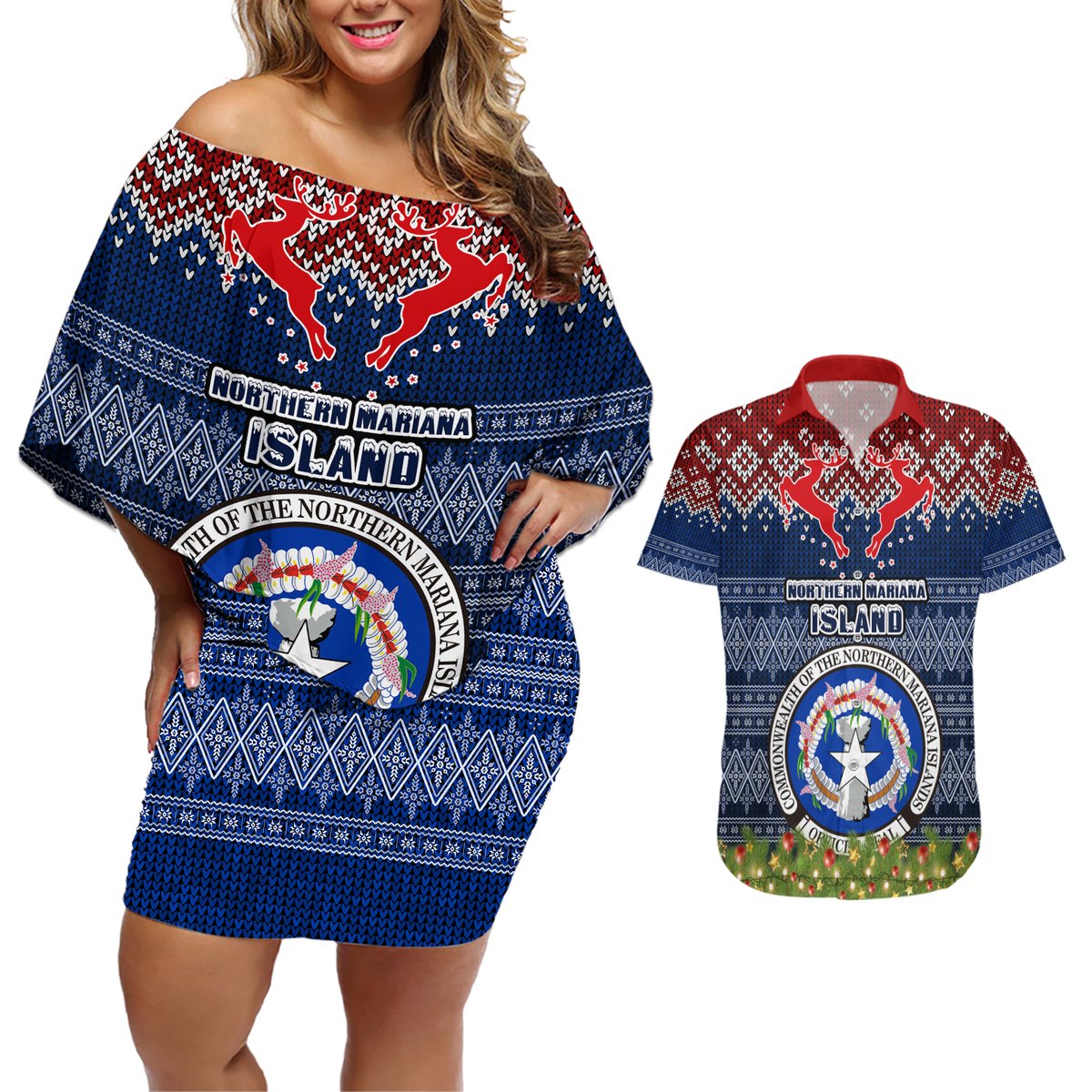 Personalised Northern Mariana Islands Christmas Couples Matching Off Shoulder Short Dress and Hawaiian Shirt Coat of Arms and Map Beautiful Merry Xmas Snowflake LT03 Blue - Polynesian Pride