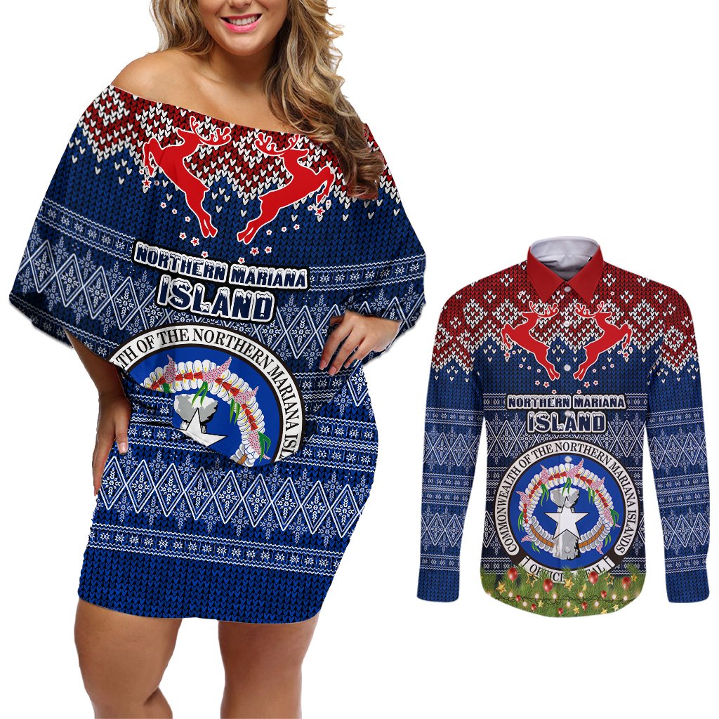 Personalised Northern Mariana Islands Christmas Couples Matching Off Shoulder Short Dress and Long Sleeve Button Shirts Coat of Arms and Map Beautiful Merry Xmas Snowflake LT03 Blue - Polynesian Pride