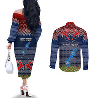 Personalised Northern Mariana Islands Christmas Couples Matching Off The Shoulder Long Sleeve Dress and Long Sleeve Button Shirts Coat of Arms and Map Beautiful Merry Xmas Snowflake LT03 - Polynesian Pride