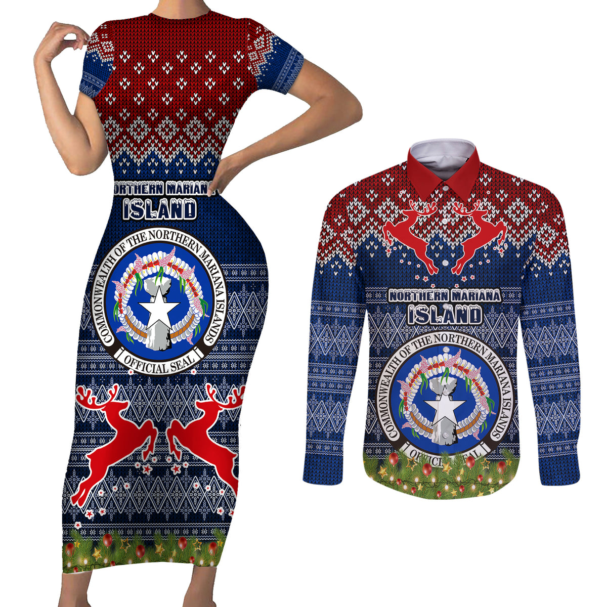 Personalised Northern Mariana Islands Christmas Couples Matching Short Sleeve Bodycon Dress and Long Sleeve Button Shirts Coat of Arms and Map Beautiful Merry Xmas Snowflake LT03 Blue - Polynesian Pride