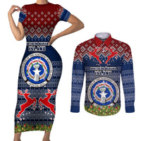 Personalised Northern Mariana Islands Christmas Couples Matching Short Sleeve Bodycon Dress and Long Sleeve Button Shirts Coat of Arms and Map Beautiful Merry Xmas Snowflake LT03 Blue - Polynesian Pride