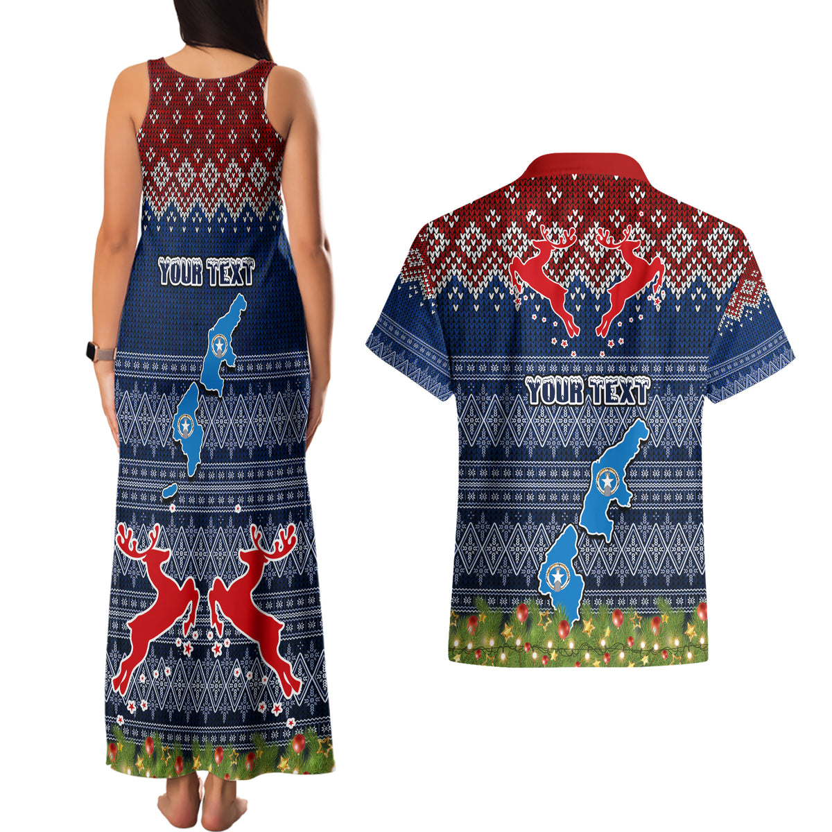 Personalised Northern Mariana Islands Christmas Couples Matching Tank Maxi Dress and Hawaiian Shirt Coat of Arms and Map Beautiful Merry Xmas Snowflake LT03 - Polynesian Pride