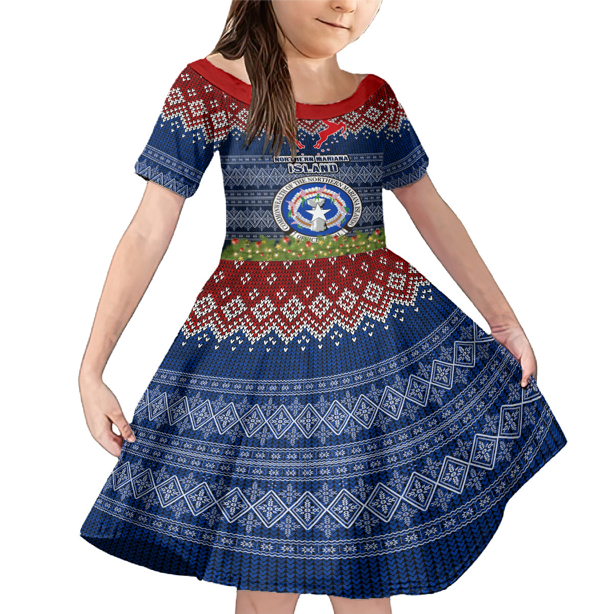Personalised Northern Mariana Islands Christmas Family Matching Mermaid Dress and Hawaiian Shirt Coat of Arms and Map Beautiful Merry Xmas Snowflake LT03 Daughter's Dress Blue - Polynesian Pride