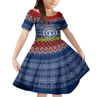 Personalised Northern Mariana Islands Christmas Family Matching Mermaid Dress and Hawaiian Shirt Coat of Arms and Map Beautiful Merry Xmas Snowflake LT03 Daughter's Dress Blue - Polynesian Pride