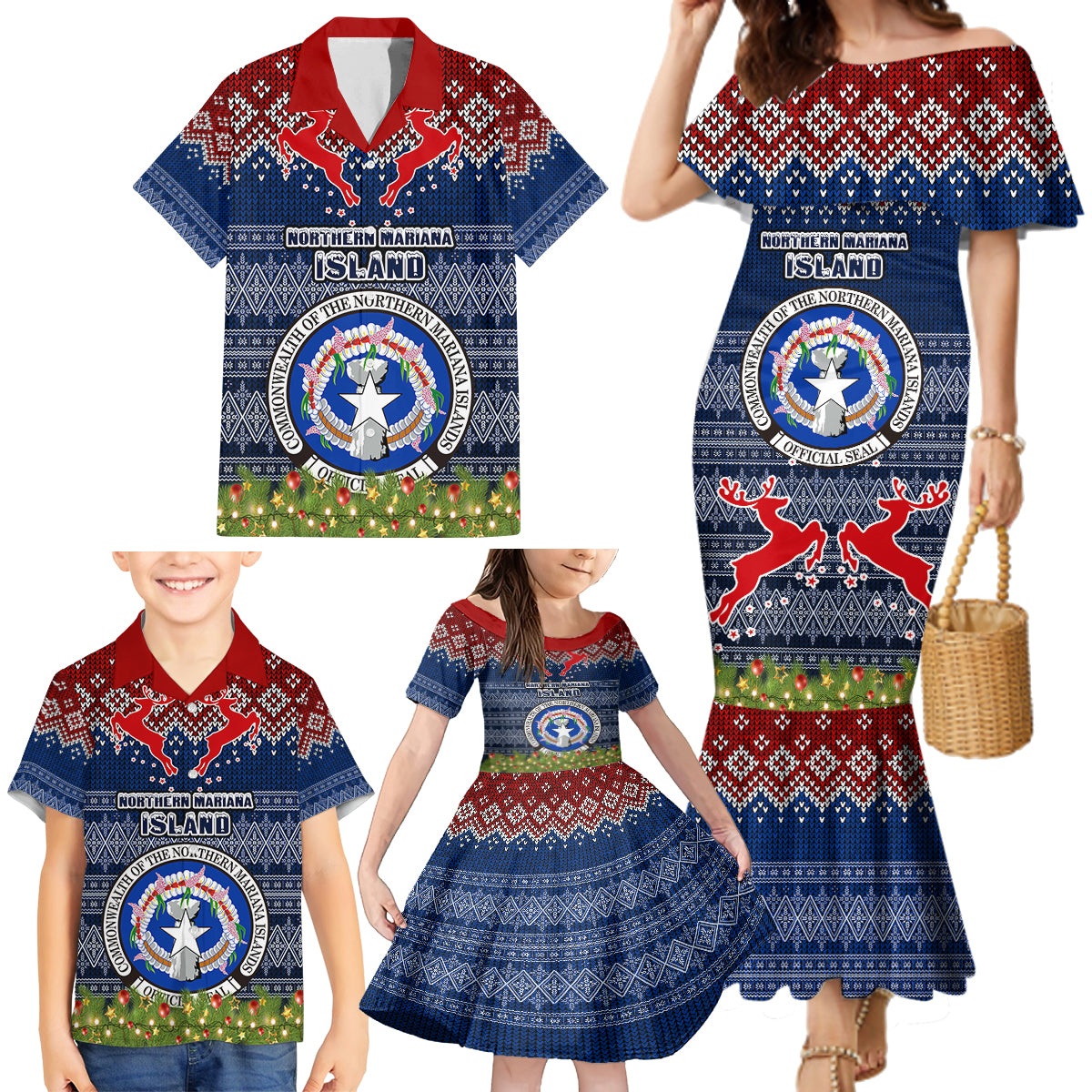 Personalised Northern Mariana Islands Christmas Family Matching Mermaid Dress and Hawaiian Shirt Coat of Arms and Map Beautiful Merry Xmas Snowflake LT03 - Polynesian Pride