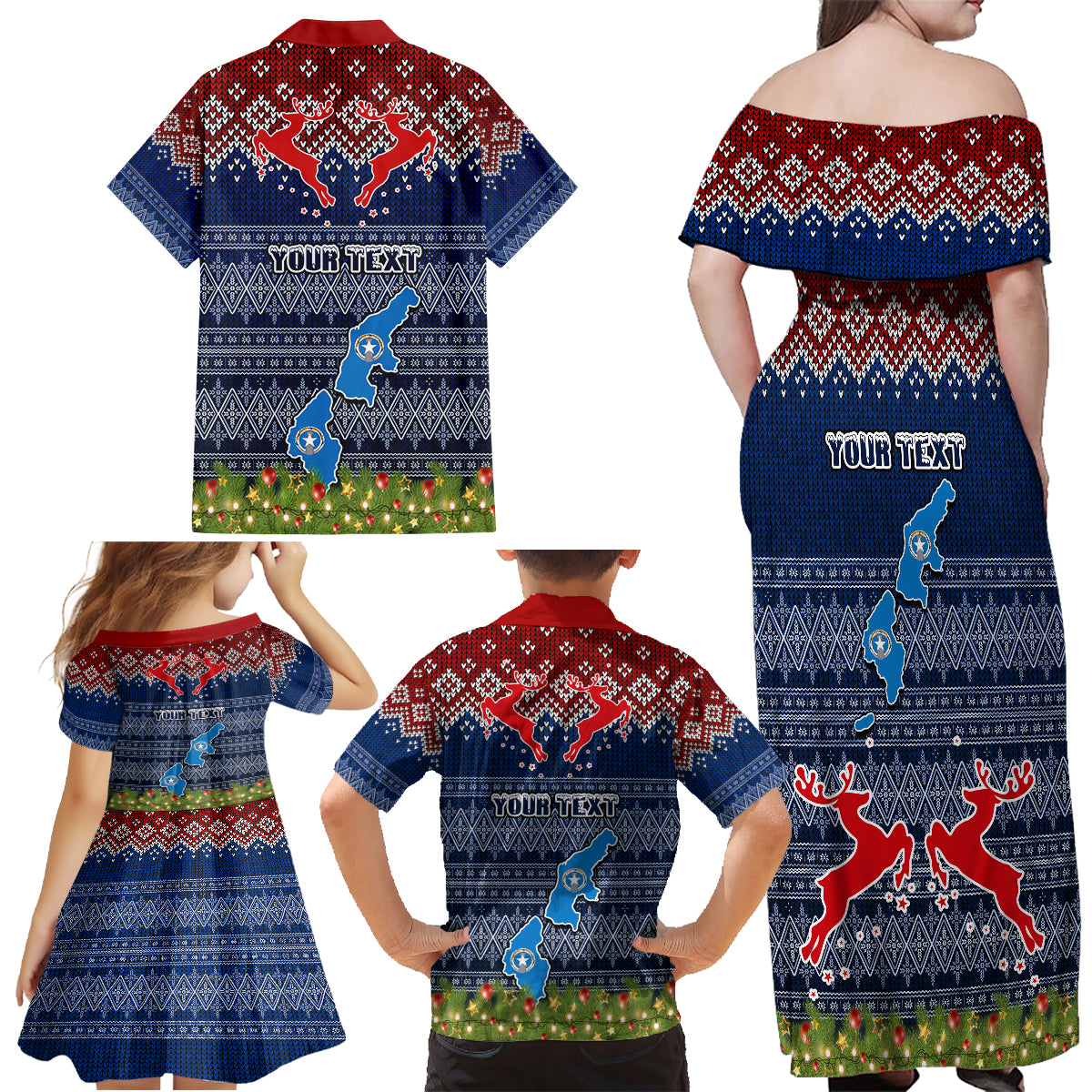 Personalised Northern Mariana Islands Christmas Family Matching Off Shoulder Long Sleeve Dress and Hawaiian Shirt Coat of Arms and Map Beautiful Merry Xmas Snowflake LT03 - Polynesian Pride