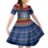 Personalised Northern Mariana Islands Christmas Family Matching Off Shoulder Short Dress and Hawaiian Shirt Coat of Arms and Map Beautiful Merry Xmas Snowflake LT03 Daughter's Dress Blue - Polynesian Pride
