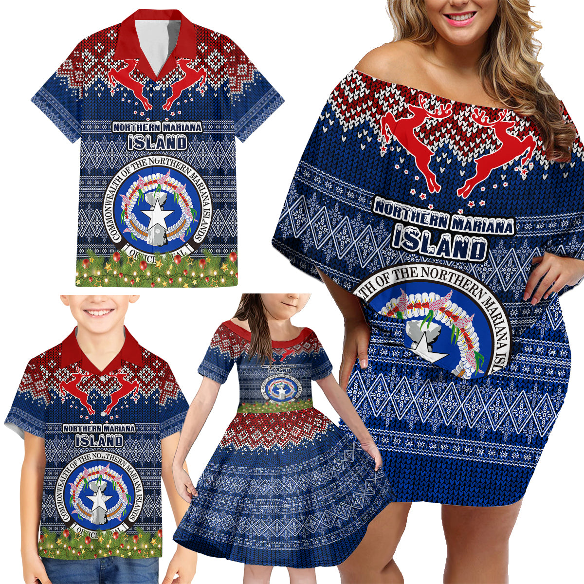 Personalised Northern Mariana Islands Christmas Family Matching Off Shoulder Short Dress and Hawaiian Shirt Coat of Arms and Map Beautiful Merry Xmas Snowflake LT03 - Polynesian Pride