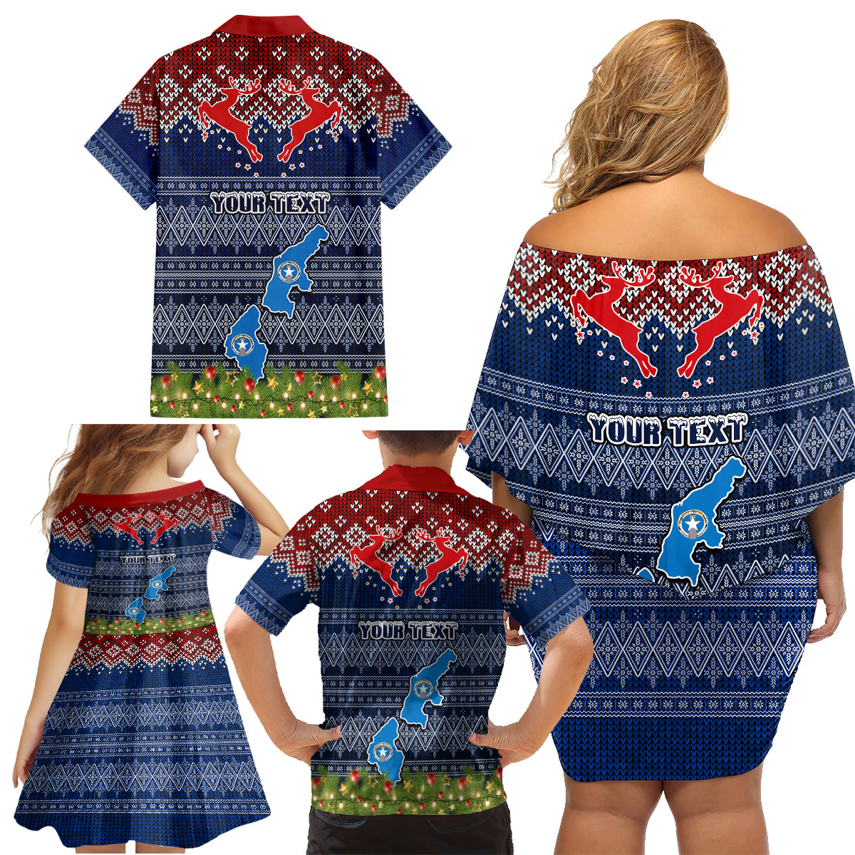 Personalised Northern Mariana Islands Christmas Family Matching Off Shoulder Short Dress and Hawaiian Shirt Coat of Arms and Map Beautiful Merry Xmas Snowflake LT03 - Polynesian Pride
