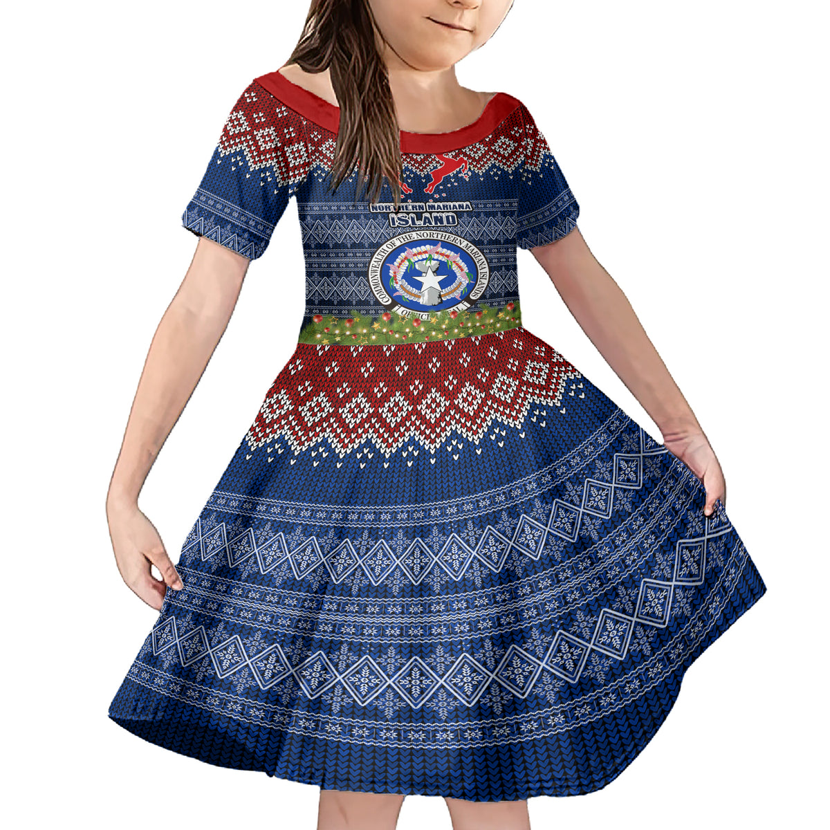 Personalised Northern Mariana Islands Christmas Family Matching Short Sleeve Bodycon Dress and Hawaiian Shirt Coat of Arms and Map Beautiful Merry Xmas Snowflake LT03 Daughter's Dress Blue - Polynesian Pride