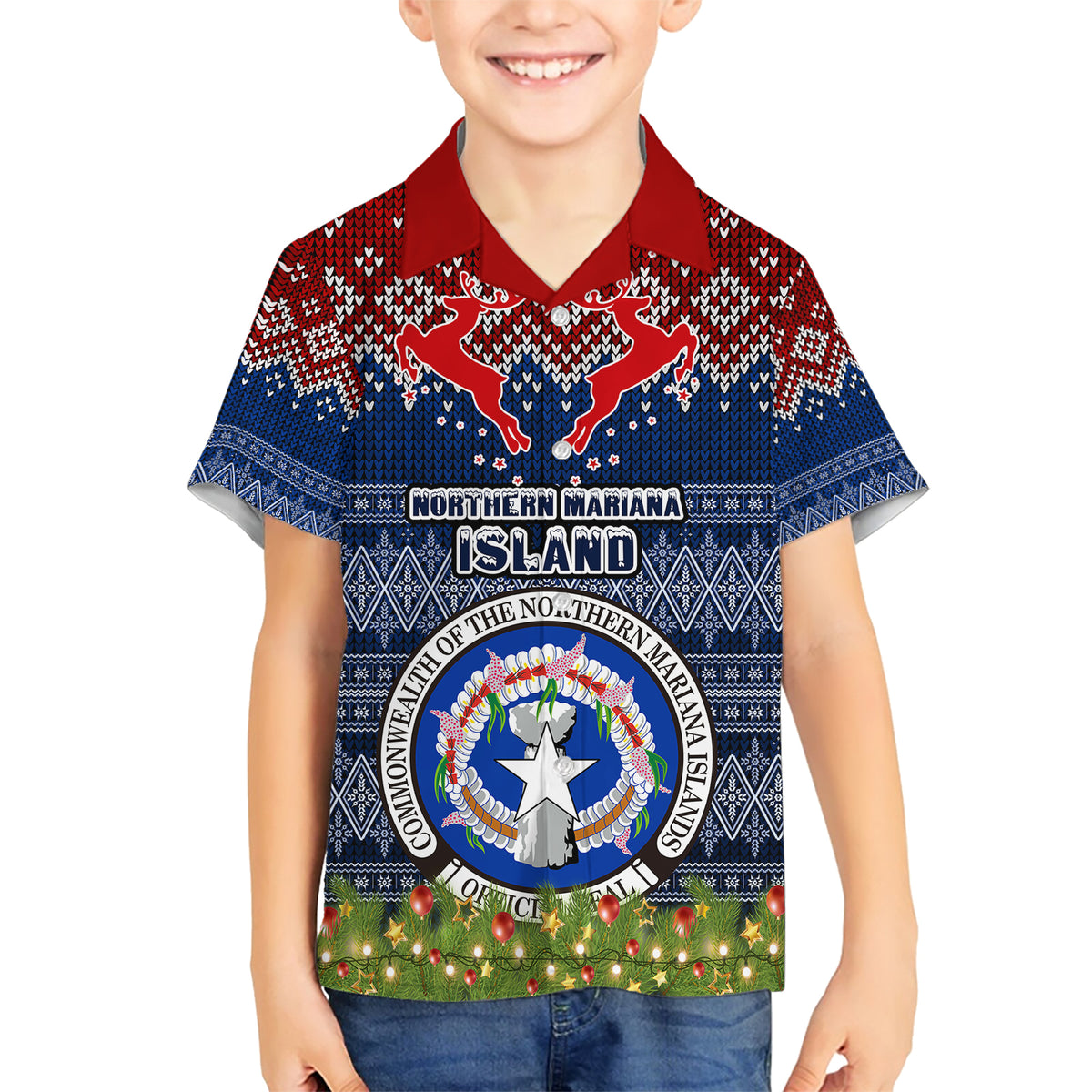 Personalised Northern Mariana Islands Christmas Family Matching Short Sleeve Bodycon Dress and Hawaiian Shirt Coat of Arms and Map Beautiful Merry Xmas Snowflake LT03 Son's Shirt Blue - Polynesian Pride