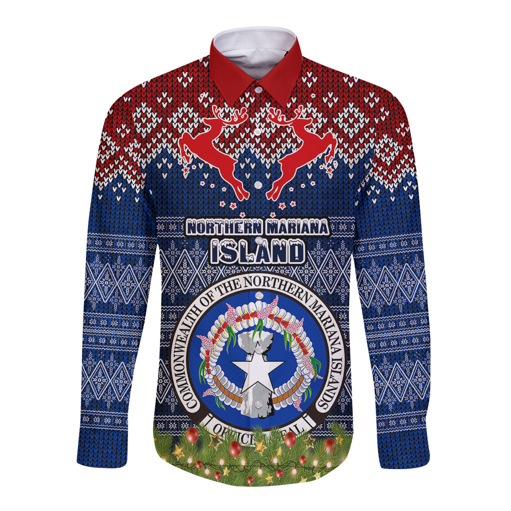 Personalised Northern Mariana Islands Christmas Long Sleeve Button Shirt Coat of Arms and Map Beautiful Merry Xmas Snowflake LT03 Unisex Blue - Polynesian Pride