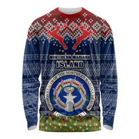 Personalised Northern Mariana Islands Christmas Long Sleeve Shirt Coat of Arms and Map Beautiful Merry Xmas Snowflake LT03 Unisex Blue - Polynesian Pride