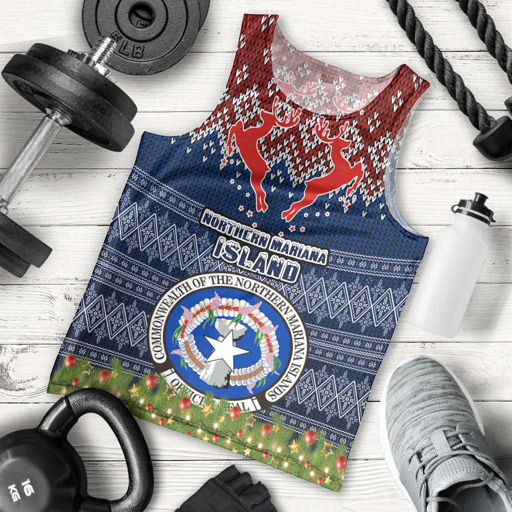 Personalised Northern Mariana Islands Christmas Men Tank Top Coat of Arms and Map Beautiful Merry Xmas Snowflake LT03 Blue - Polynesian Pride