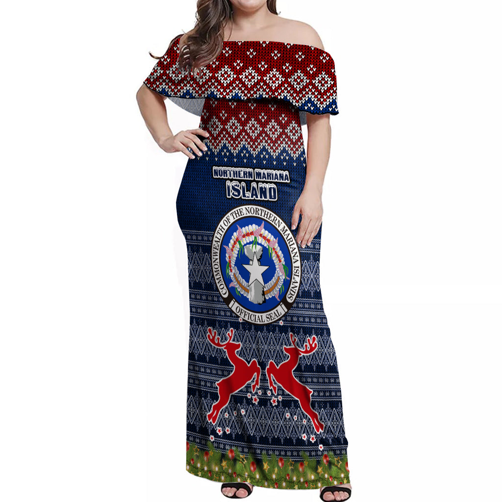 Personalised Northern Mariana Islands Christmas Off Shoulder Maxi Dress Coat of Arms and Map Beautiful Merry Xmas Snowflake LT03 Women Blue - Polynesian Pride